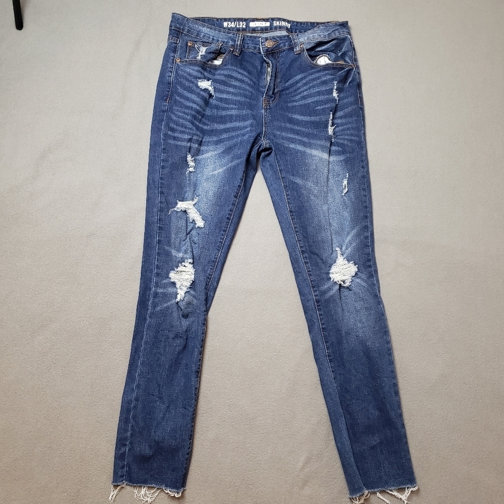 Men's UH Denim Blue Wash Distressed Jeans Sz 34 Raw Edge Skinny